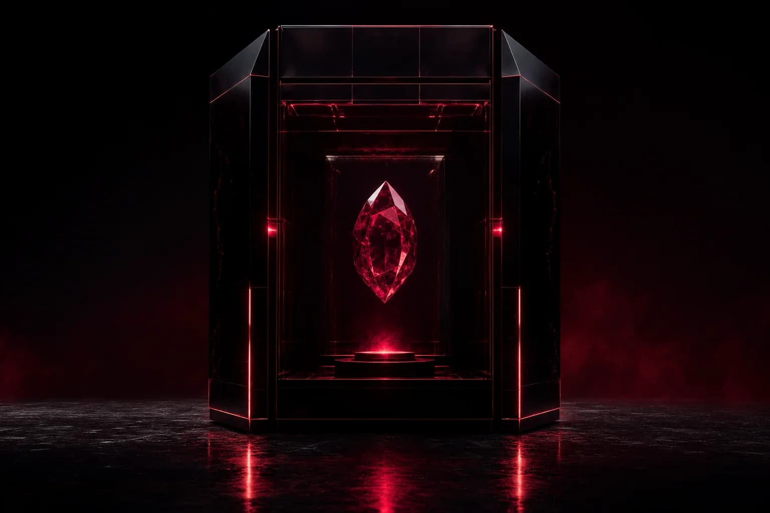 A ruby held inside an obsidian vault lit by thin red lines